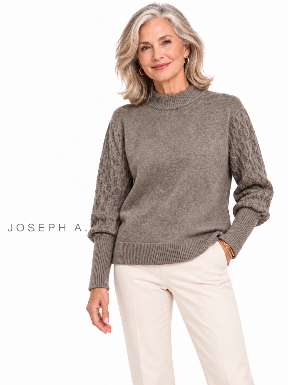 Joseph A Cable Knit Balloon Sleeve Mock Neck Sweater Gray Large